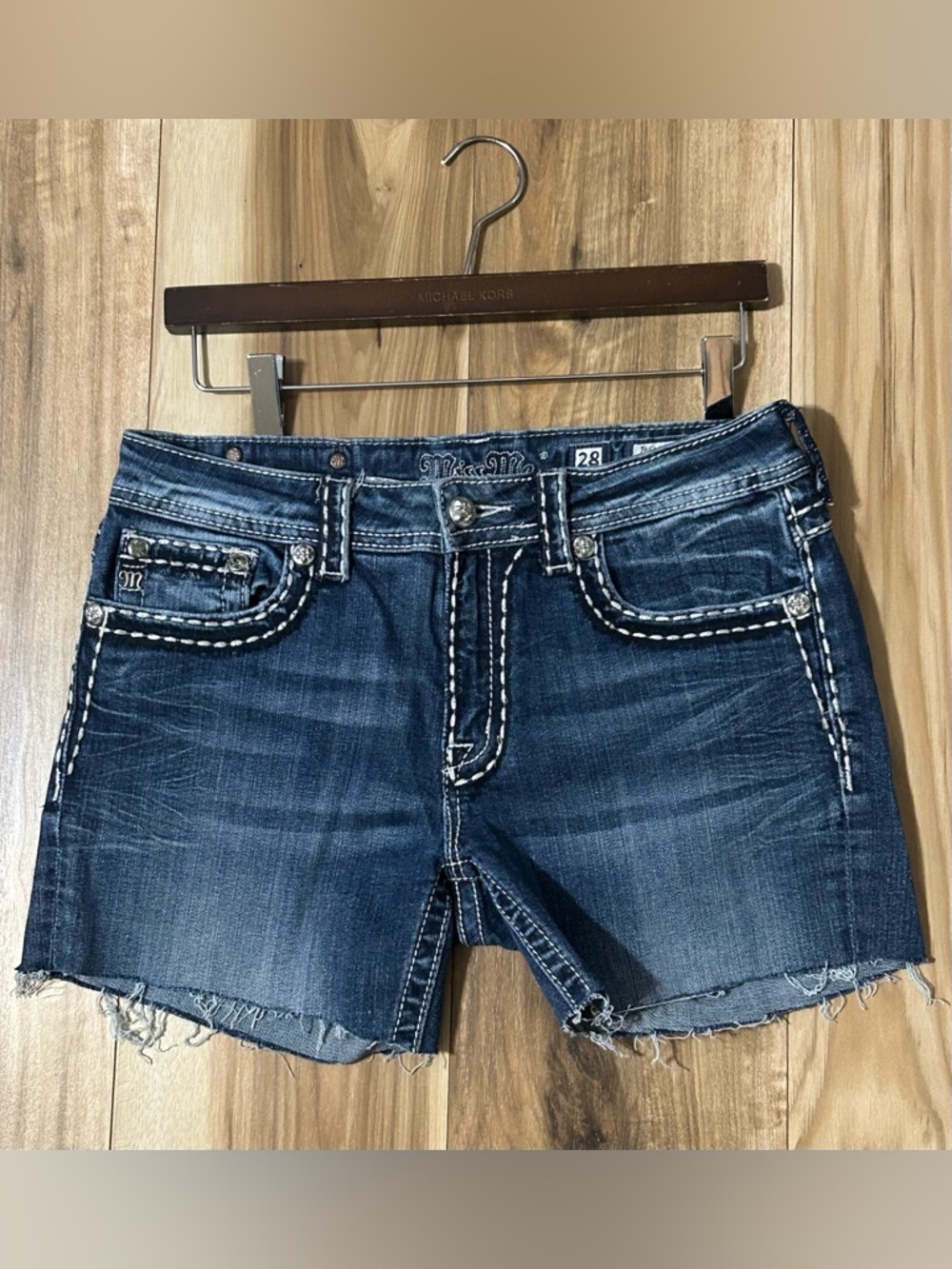 Miss Me Dark Blue Distressed Cut Off Denim Shorts Size 28